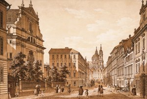 Udsigt over Karmelitská-gaden mod St. Nicholas-kirken, Prag (pen og blæk med wc på papir)
